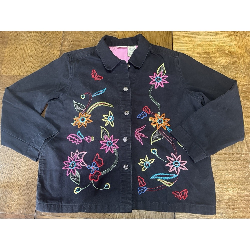 White Stag Women's Size 12/14 L Floral Embroidered Jean Jacket Vintage 90s Black